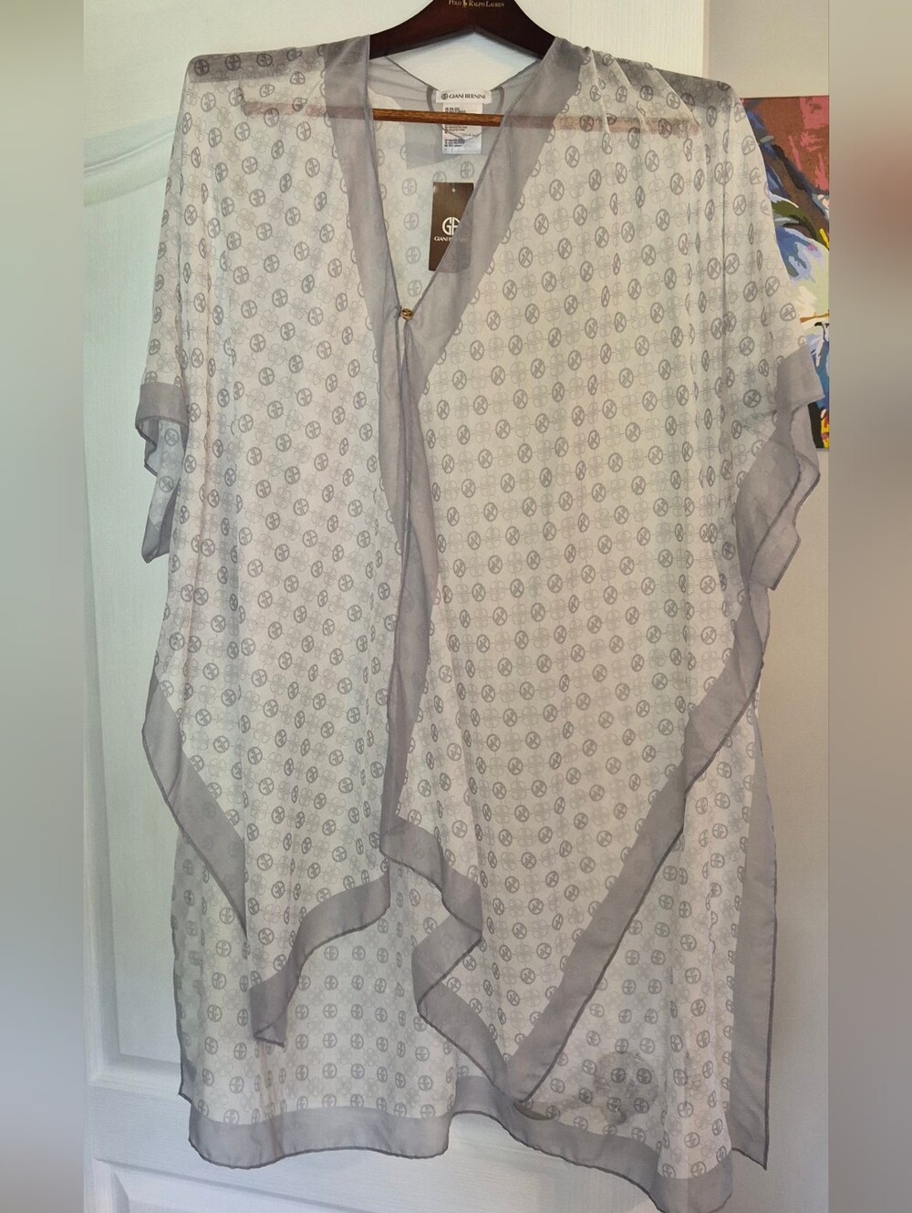 Giani Bernini Sheer White Kimono Top with Gray Trim